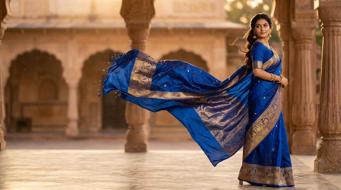 Real Indian model in waving royal blue and gold zari handloom silk saree caught in the wind