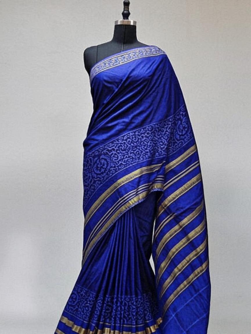 Indigo Handloom Cotton Saree with Ikat Border