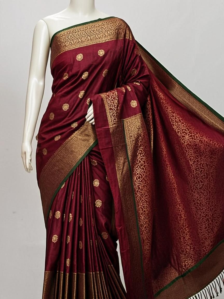 Maroon Kanjivaram Silk Saree with Contrast Green Border