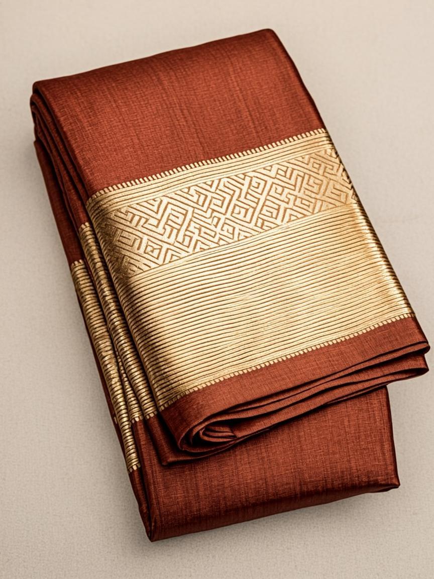Rust Konrad Silk Saree with Tribal Motif Border